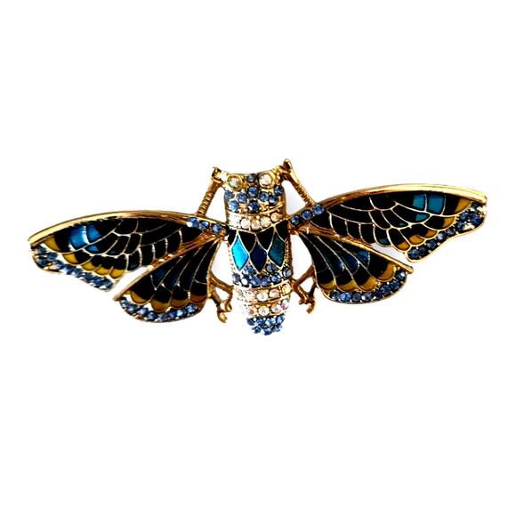 Gold Tone Blue Crystal and Enamel Moth Brooch Pin - Picture 1 of 3